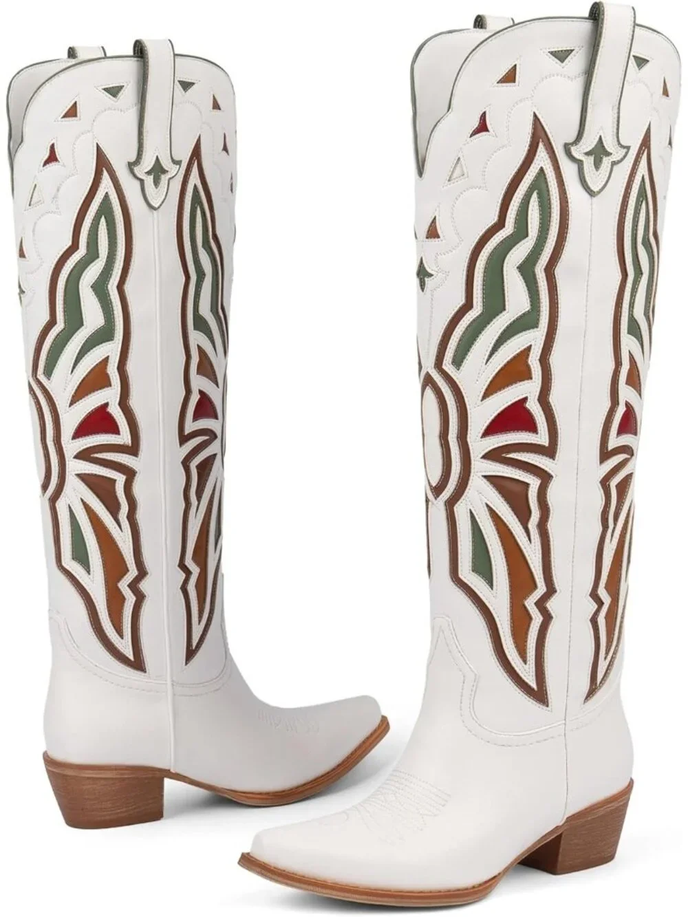 Women's White Cowboy Knee High Chunky Heel Butterfly Cowgirl Boots Wide Calf